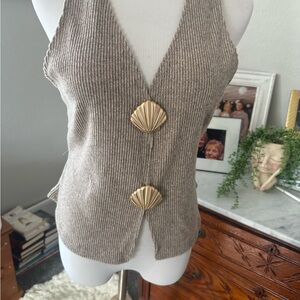 Beige Ribbed Vest with Gold Shell Buttons